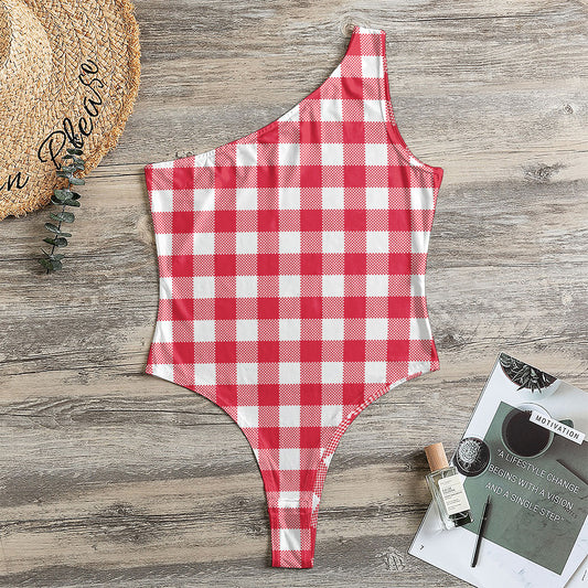 Raspberry Red And White Gingham Print One Shoulder Bodysuit