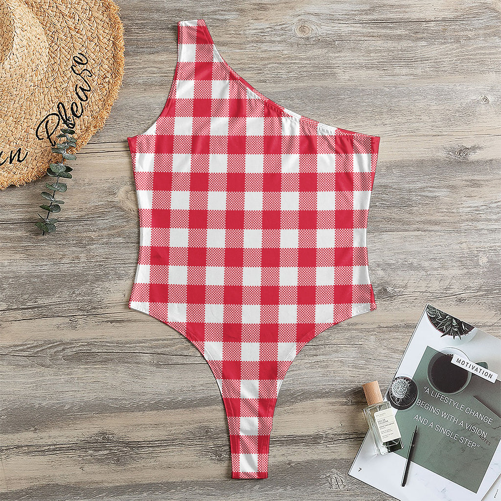 Raspberry Red And White Gingham Print One Shoulder Bodysuit