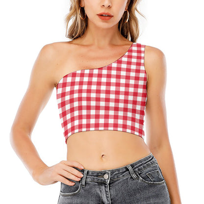 Raspberry Red And White Gingham Print One Shoulder Crop Top
