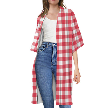 Raspberry Red And White Gingham Print Open Front Beach Cover Up