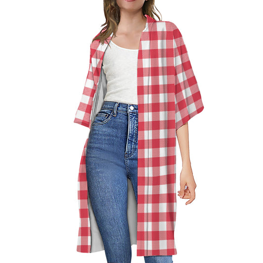 Raspberry Red And White Gingham Print Open Front Beach Cover Up