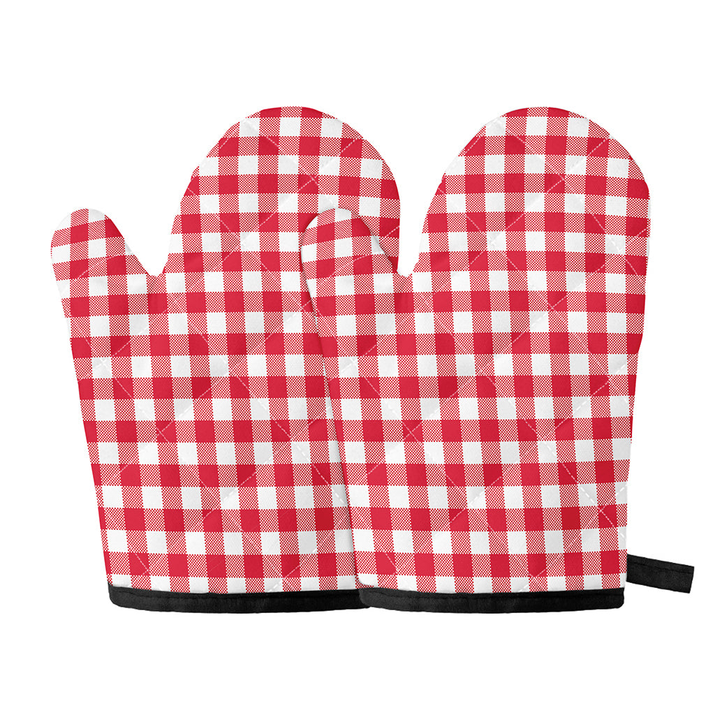 Raspberry Red And White Gingham Print Oven Mitts