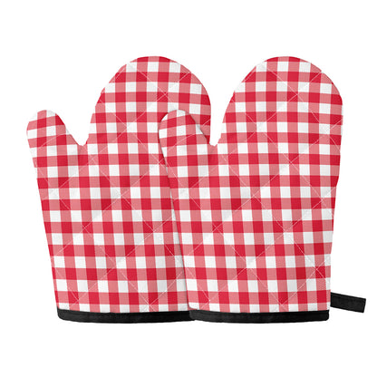 Raspberry Red And White Gingham Print Oven Mitts
