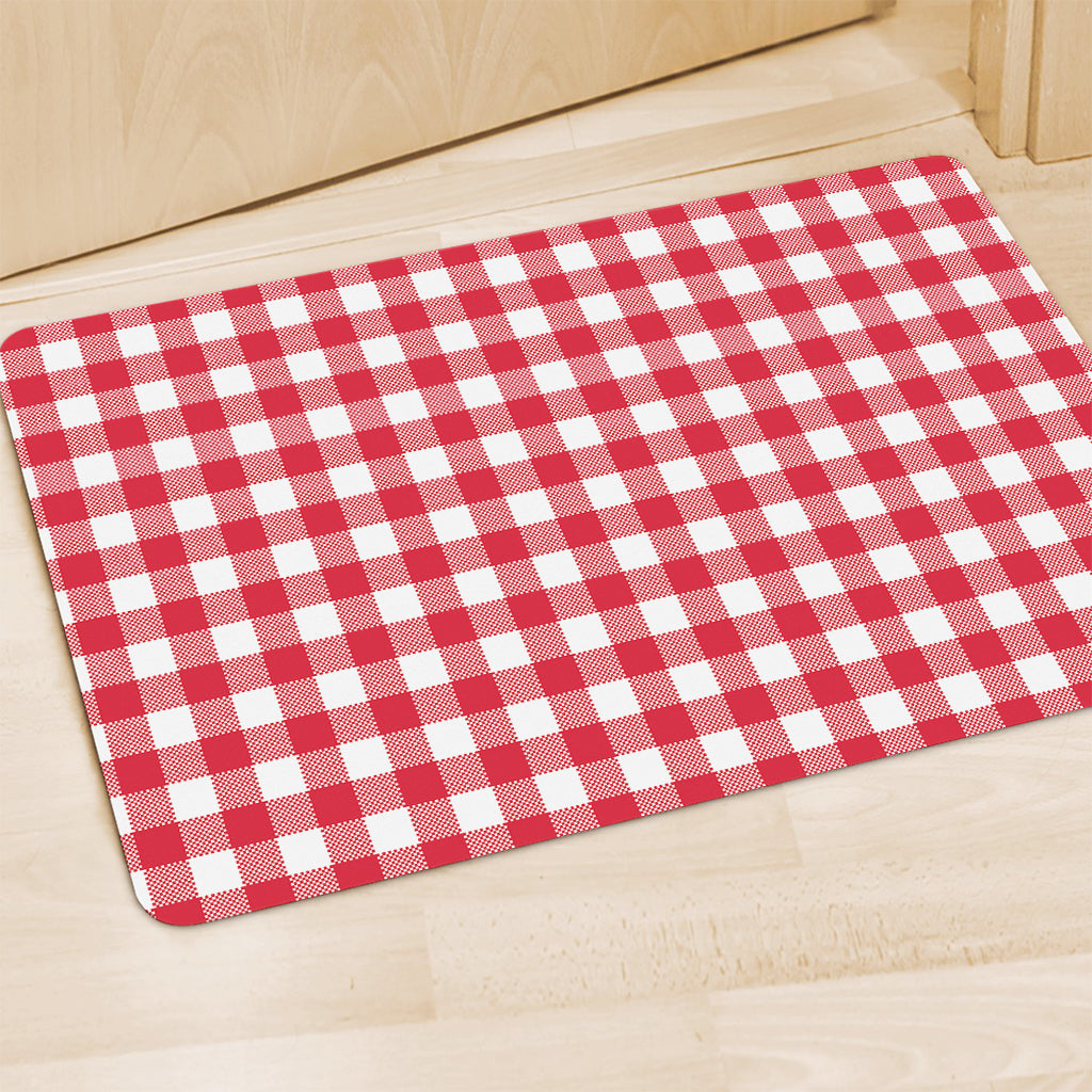 Raspberry Red And White Gingham Print Polyester Doormat