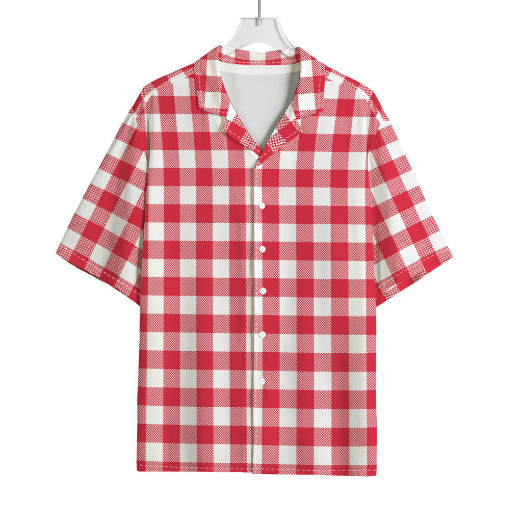 Raspberry Red And White Gingham Print Rayon Hawaiian Shirt