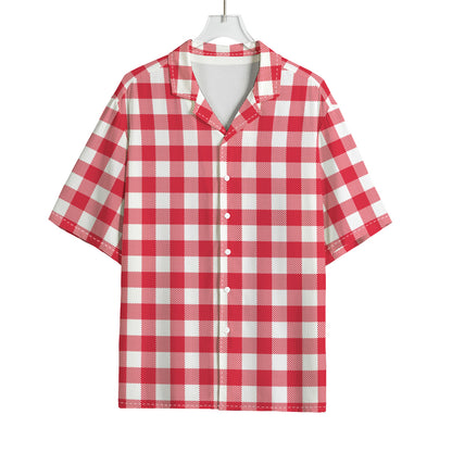 Raspberry Red And White Gingham Print Rayon Hawaiian Shirt