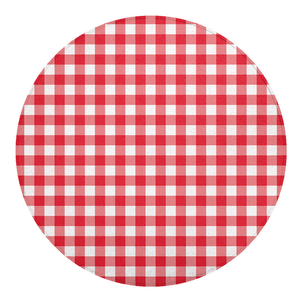 Raspberry Red And White Gingham Print Round Blanket