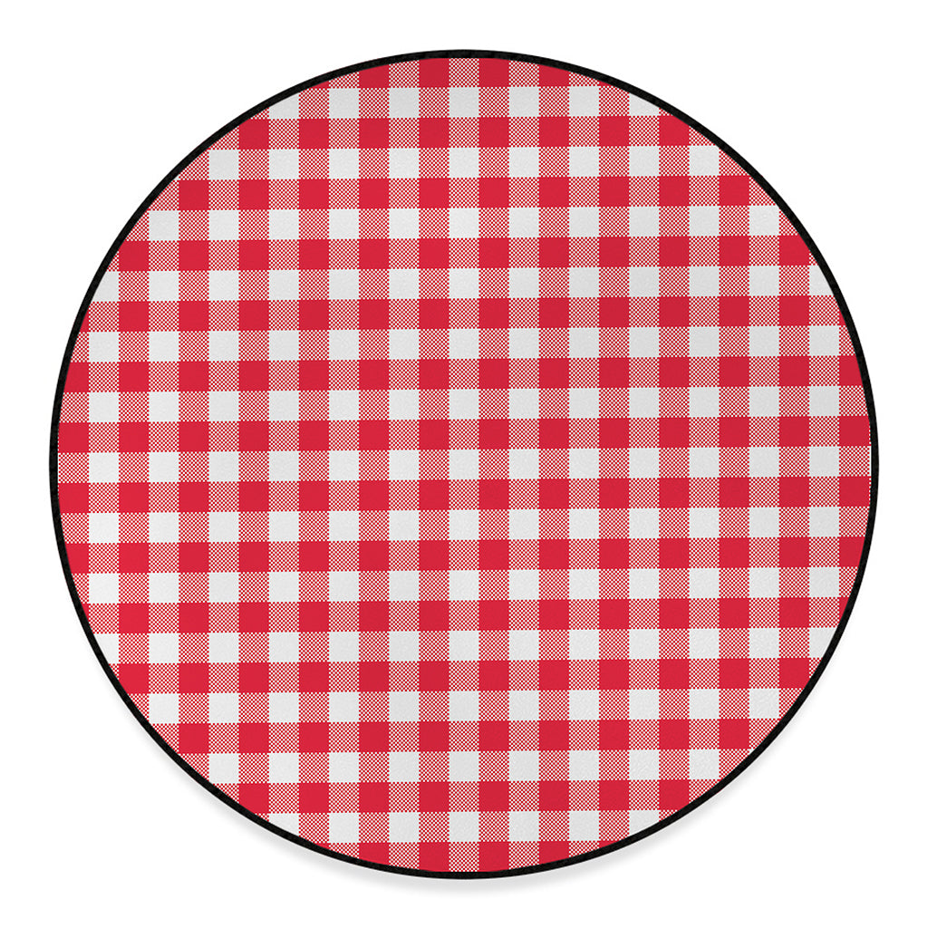 Raspberry Red And White Gingham Print Round Floor Mat