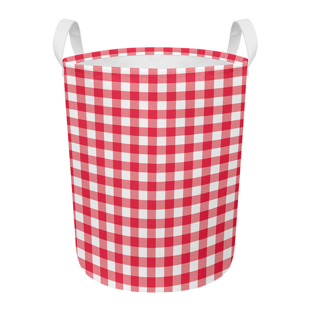 Raspberry Red And White Gingham Print Round Laundry Basket