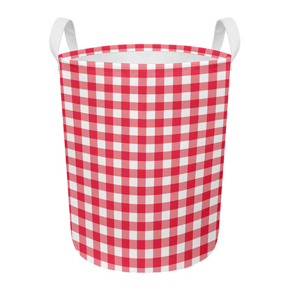 Raspberry Red And White Gingham Print Round Laundry Basket