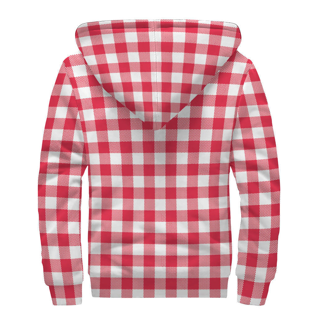Raspberry Red And White Gingham Print Sherpa Lined Zip Up Hoodie