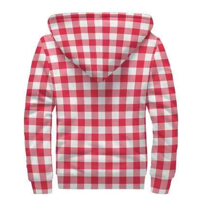 Raspberry Red And White Gingham Print Sherpa Lined Zip Up Hoodie