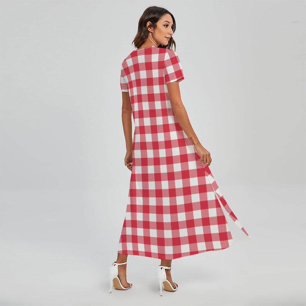 Raspberry Red And White Gingham Print Short Sleeve Maxi Dress