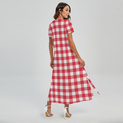 Raspberry Red And White Gingham Print Short Sleeve Maxi Dress