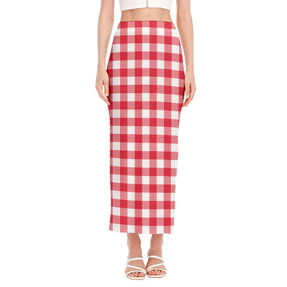 Raspberry Red And White Gingham Print Side Slit Maxi Skirt