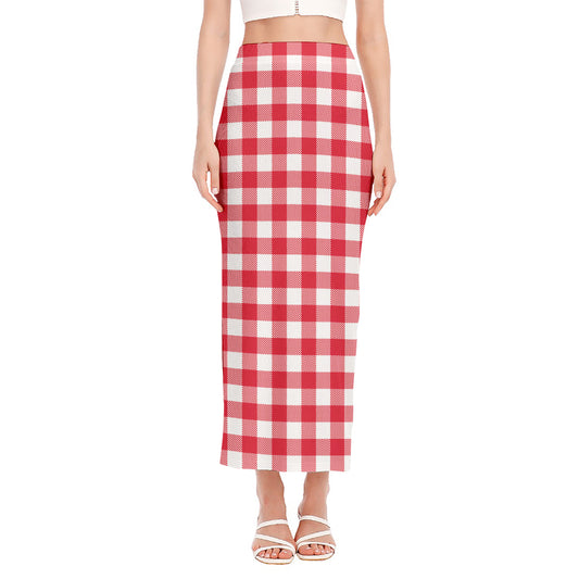Raspberry Red And White Gingham Print Side Slit Maxi Skirt