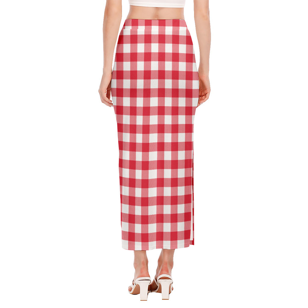Raspberry Red And White Gingham Print Side Slit Maxi Skirt