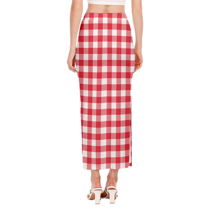 Raspberry Red And White Gingham Print Side Slit Maxi Skirt