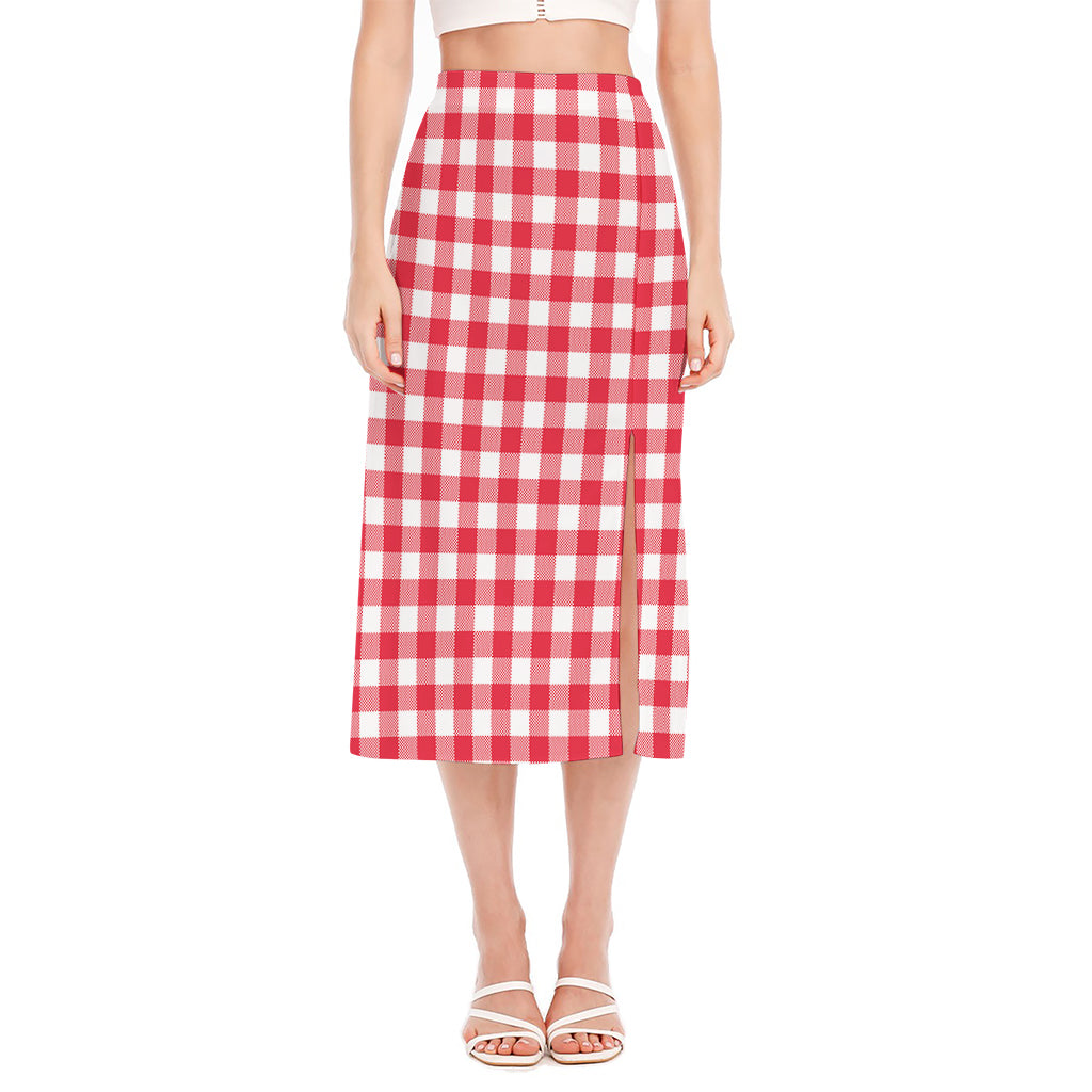 Raspberry Red And White Gingham Print Side Slit Midi Skirt