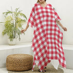 Raspberry Red And White Gingham Print Silk V-Neck Kaftan Dress