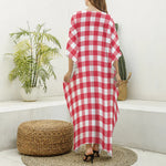 Raspberry Red And White Gingham Print Silk V-Neck Kaftan Dress