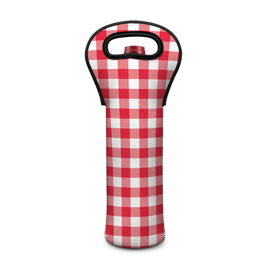 Raspberry Red And White Gingham Print Single Neoprene Wine Tote