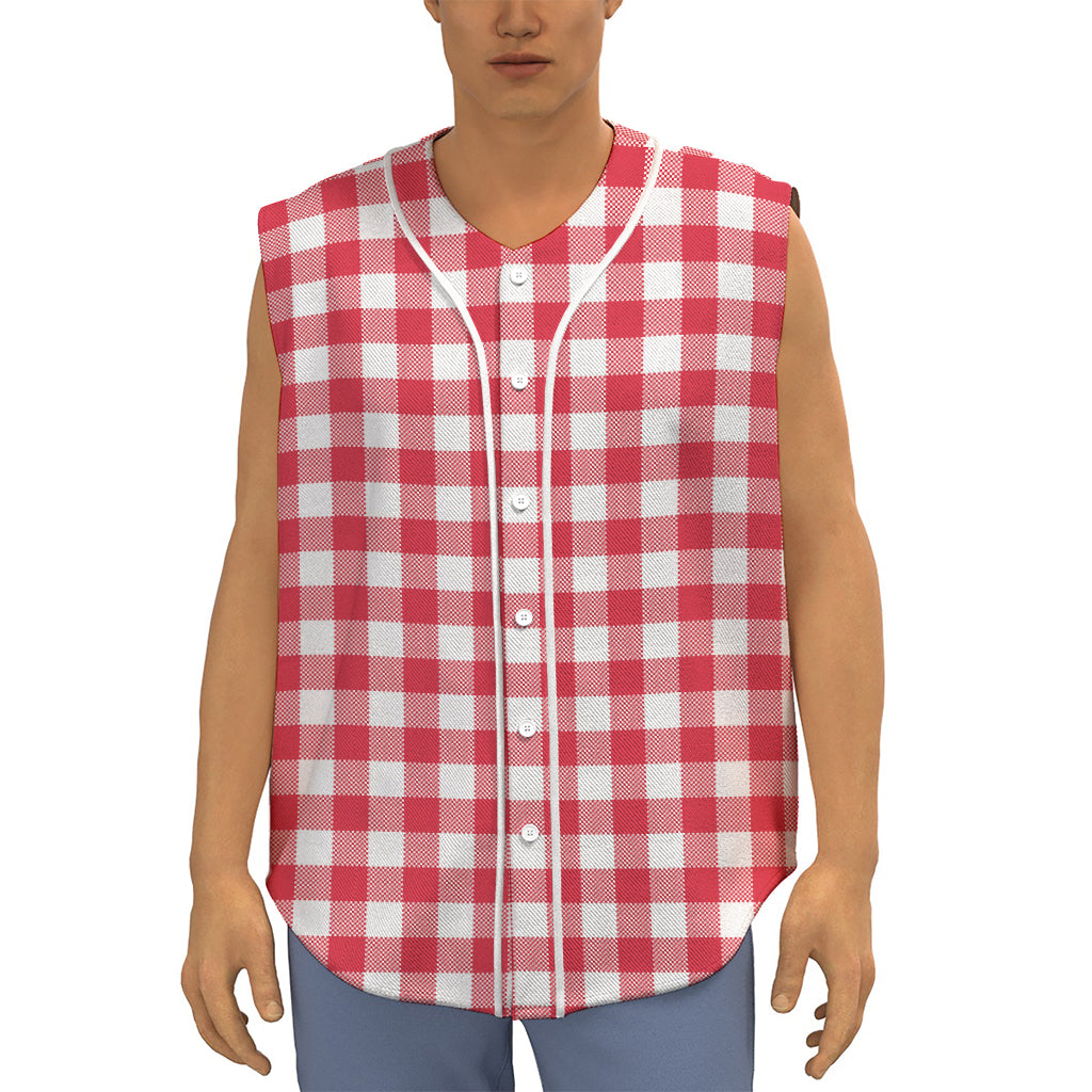 Raspberry Red And White Gingham Print Sleeveless Baseball Jersey