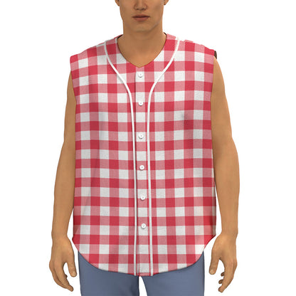 Raspberry Red And White Gingham Print Sleeveless Baseball Jersey