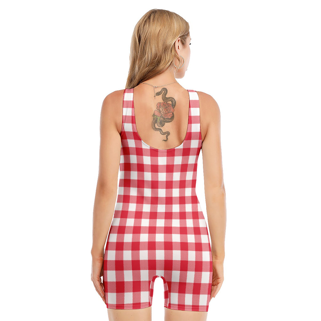 Raspberry Red And White Gingham Print Sleeveless One Piece Swimsuit