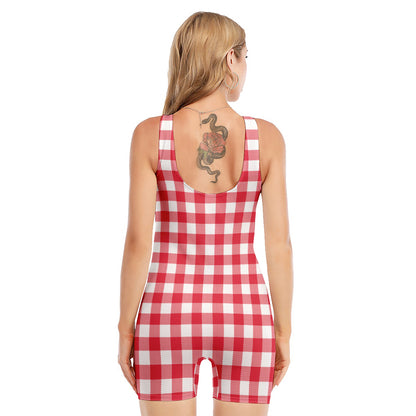 Raspberry Red And White Gingham Print Sleeveless One Piece Swimsuit