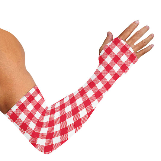 Raspberry Red And White Gingham Print Sun Protection Arm Sleeves