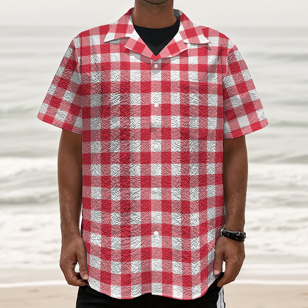 Raspberry Red And White Gingham Print Textured Short Sleeve Shirt