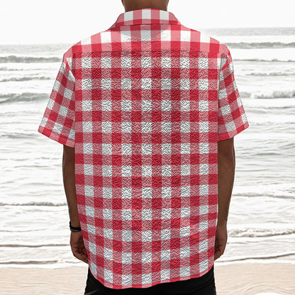 Raspberry Red And White Gingham Print Textured Short Sleeve Shirt