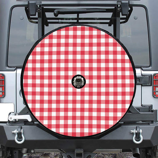 Raspberry Red And White Gingham Print Tire Cover With Camera Hole