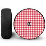 Raspberry Red And White Gingham Print Tire Cover With Camera Hole