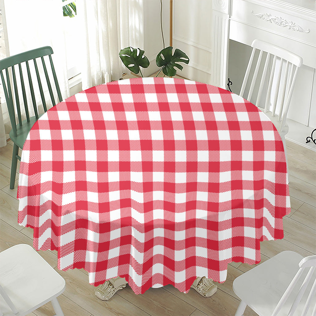 Raspberry Red And White Gingham Print Waterproof Round Tablecloth