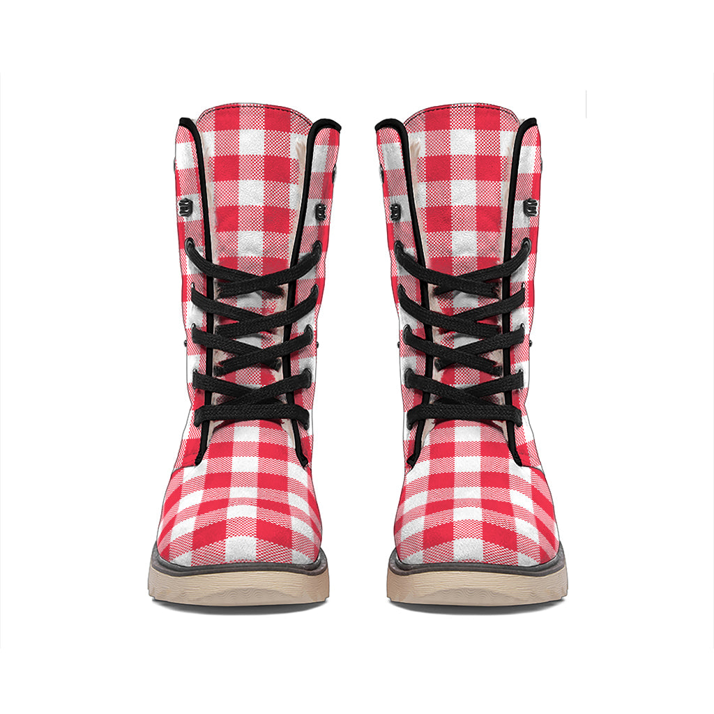 Raspberry Red And White Gingham Print Winter Boots