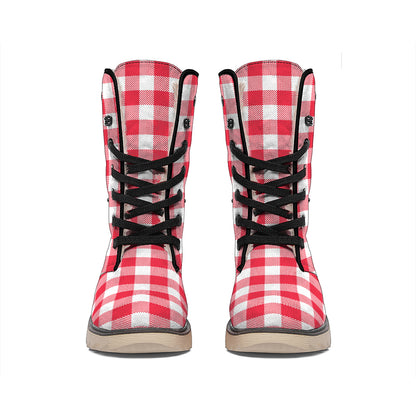 Raspberry Red And White Gingham Print Winter Boots