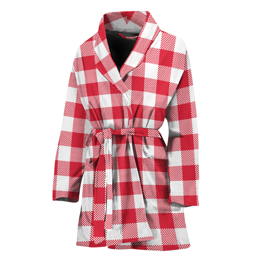 Raspberry Red And White Gingham Print Women's Bathrobe