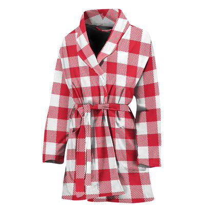 Raspberry Red And White Gingham Print Women's Bathrobe