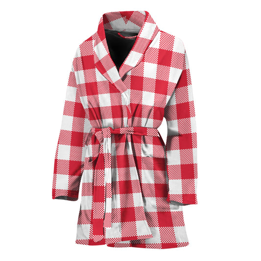 Raspberry Red And White Gingham Print Women's Bathrobe
