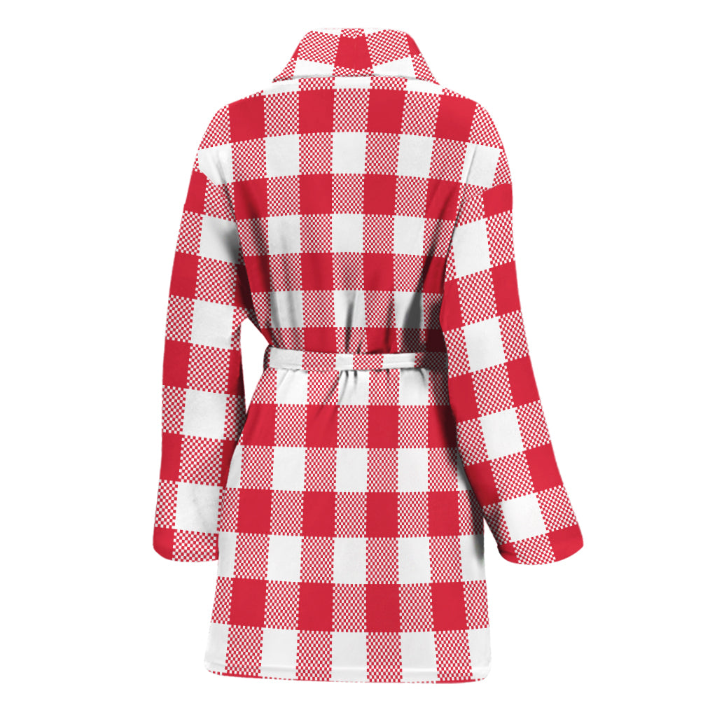Raspberry Red And White Gingham Print Women's Bathrobe