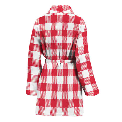 Raspberry Red And White Gingham Print Women's Bathrobe