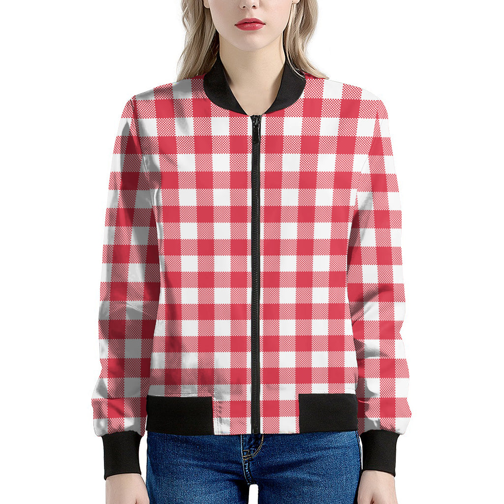 Raspberry Red And White Gingham Print Women's Bomber Jacket