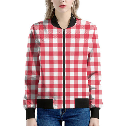Raspberry Red And White Gingham Print Women's Bomber Jacket