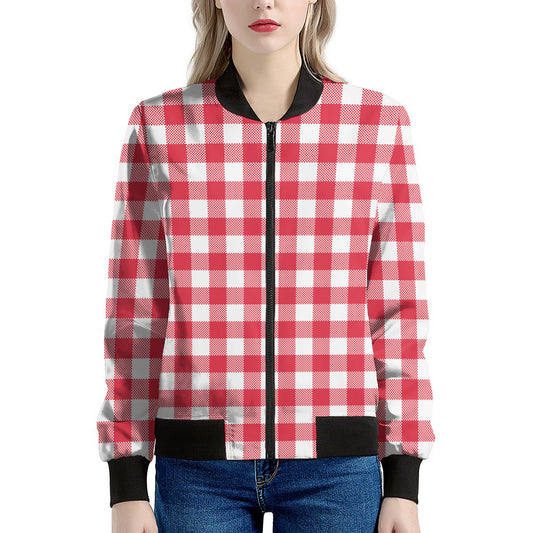 Raspberry Red And White Gingham Print Women's Bomber Jacket