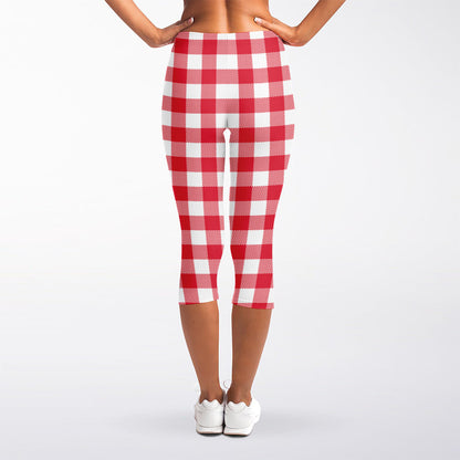 Raspberry Red And White Gingham Print Women's Capri Leggings