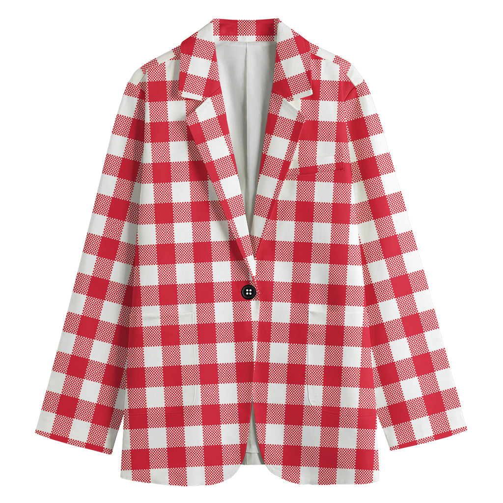 Raspberry Red And White Gingham Print Women's Cotton Blazer