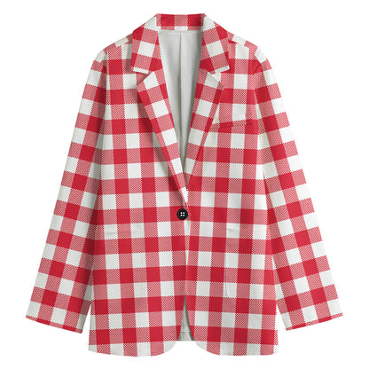 Raspberry Red And White Gingham Print Women's Cotton Blazer