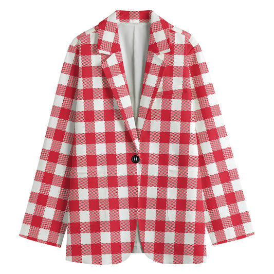 Raspberry Red And White Gingham Print Women's Cotton Blazer